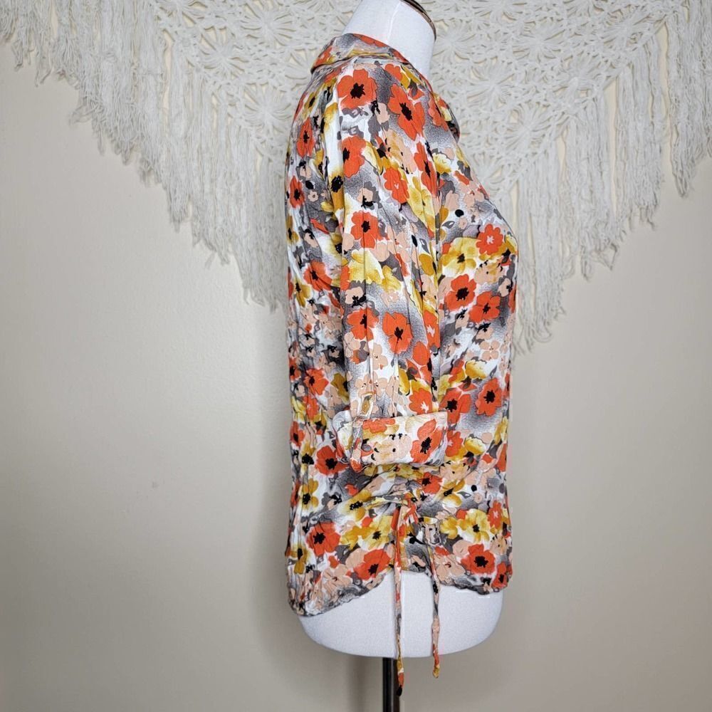Ms Bella D Floral Long Sleeve Tie Hip Blouse Orange Gray Pink Size Small - Picture 13 of 14